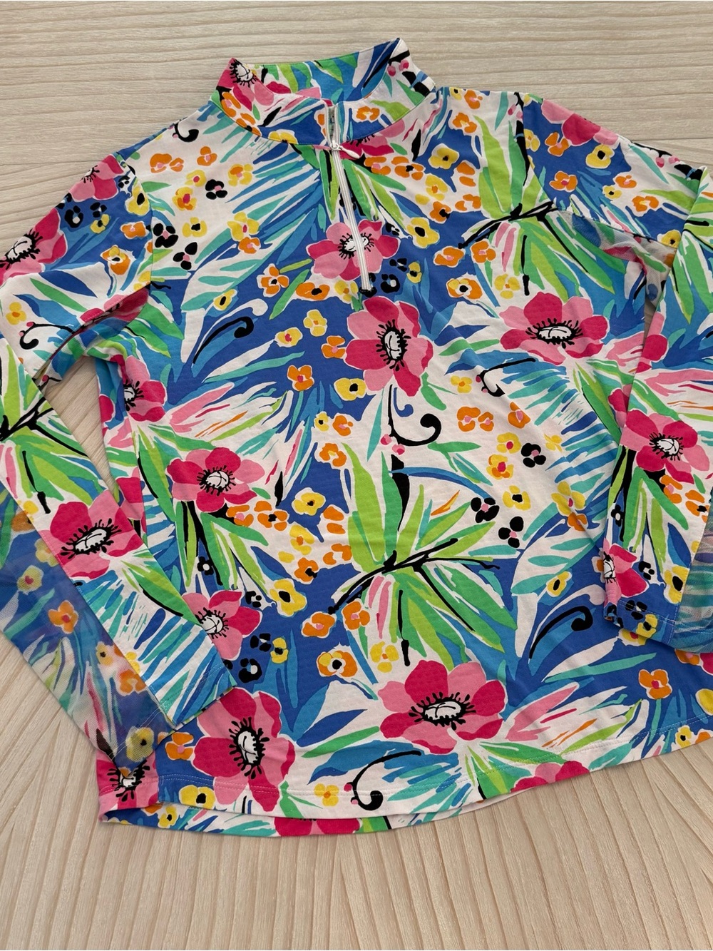 IBKUL Women’sTropical Floral Quarter Zip Long Sleeve Top - Pink, Blue & Green